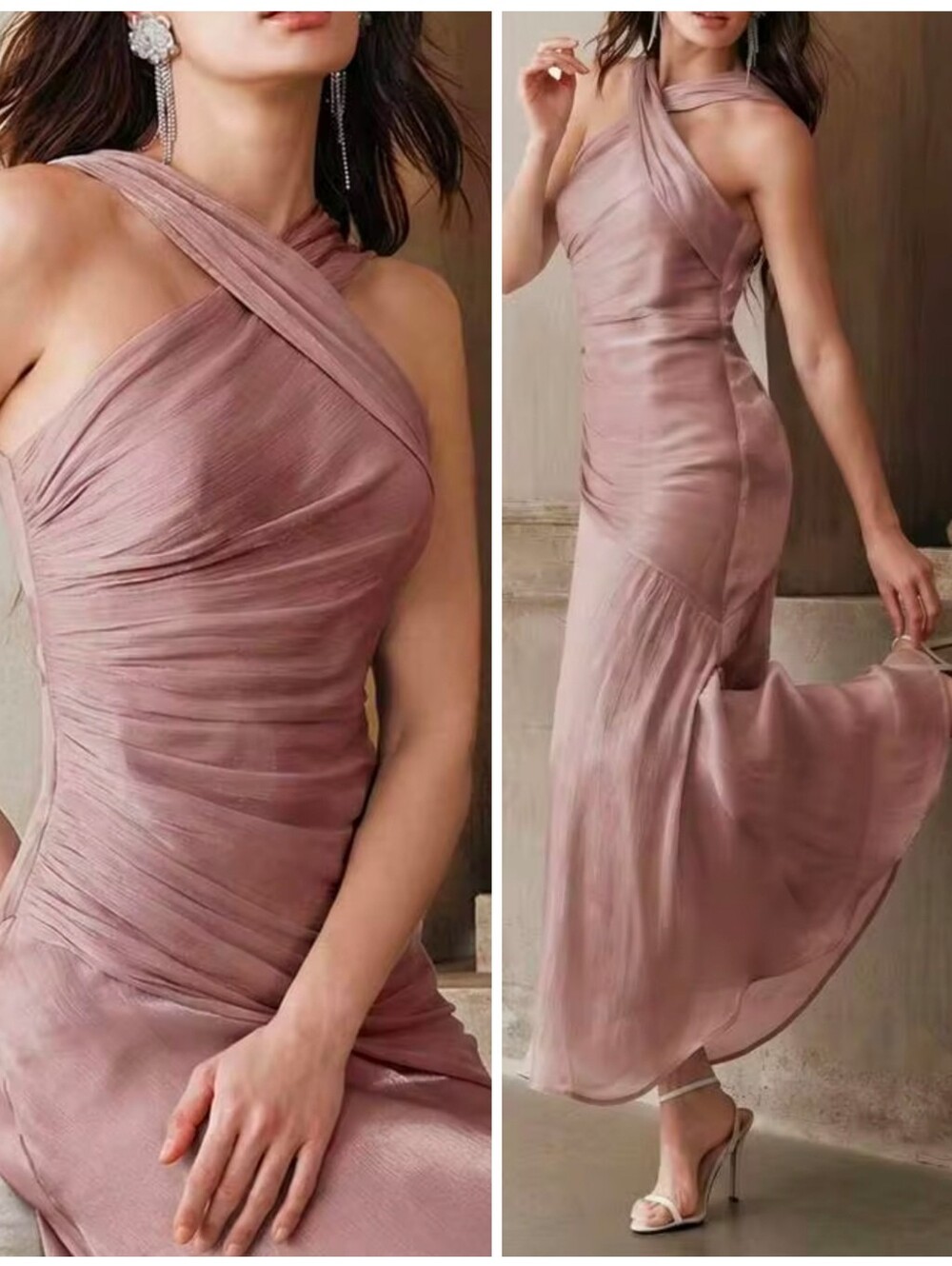 New Luxe Metallic Twist Halter Asymmetrical Midi Dress Pink
